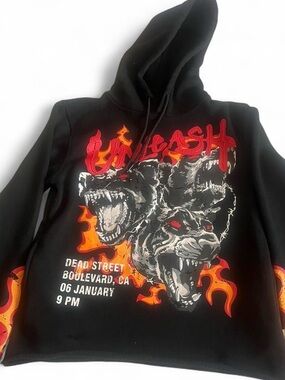Men's Black Graphic 'Unleash' Hoodie with Flame Three-Headed Dog